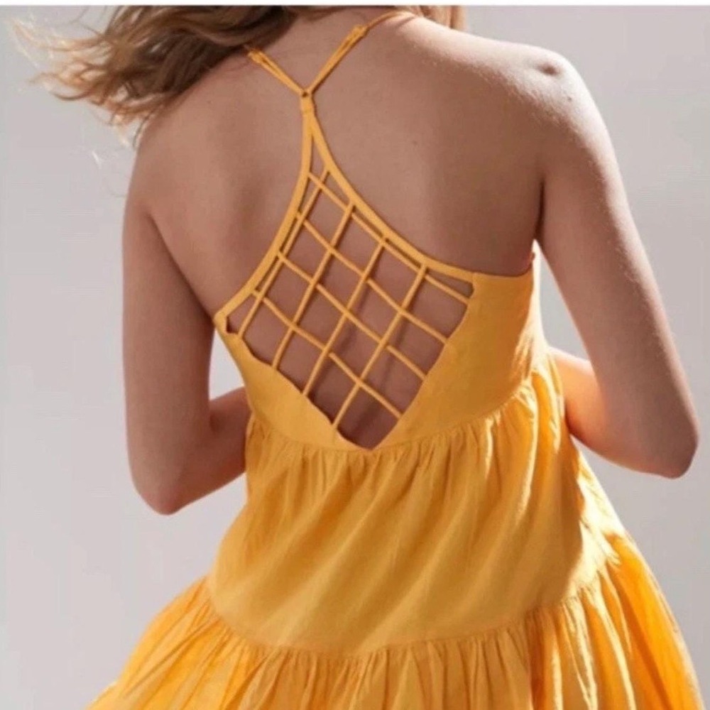 Urban Outfitters UO Yellow Fieldstone Tier Lattice Back Mini Dress M Cottagecore